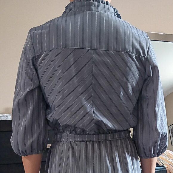 Vintage Grey Gray Silver Secretary Dress Homemade Home Sewn Midi 1970s 70s 1980s - Picture 3 of 4
